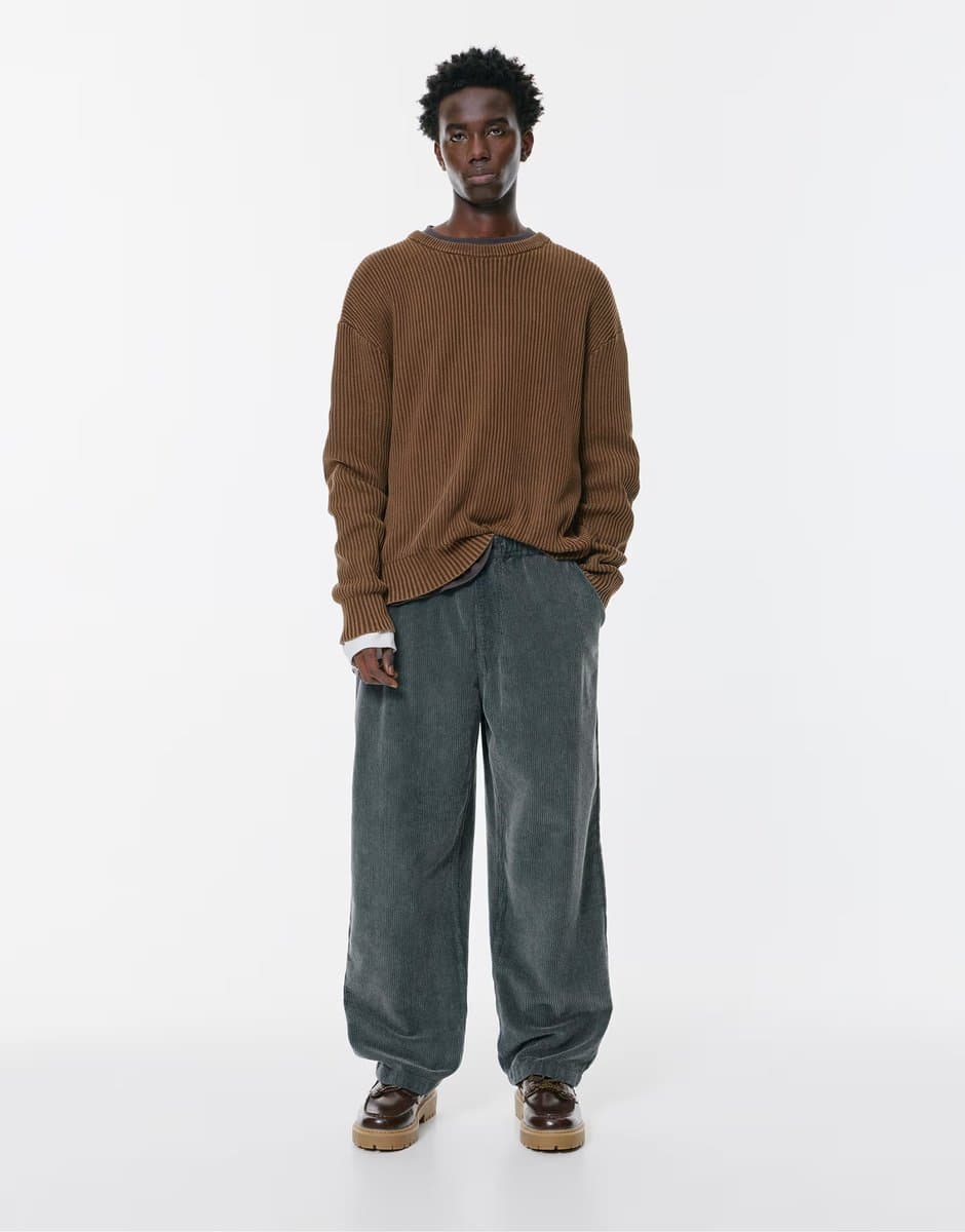 ASOS Pull&Bear Corduroy baggy joggers in dark grey