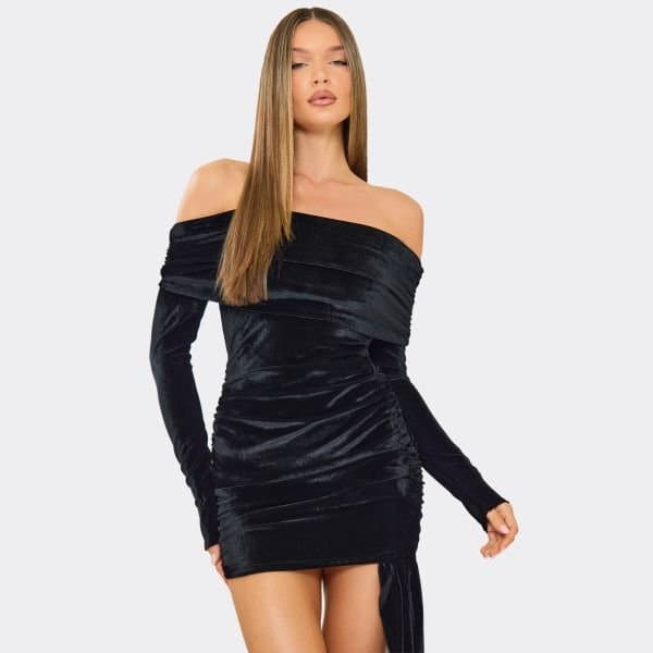 EGO Bardot Drape Detail Mini Dress In Black Velvet, Women's Size UK 6