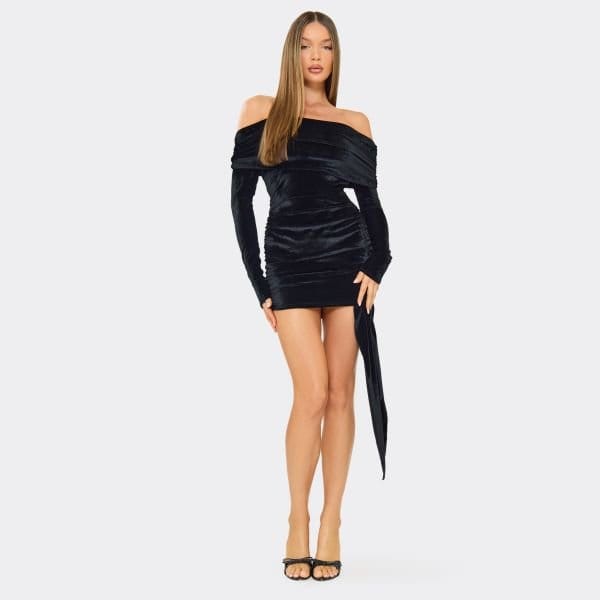 EGO Bardot Drape Detail Mini Dress In Black Velvet, Women's Size UK 6 - 2