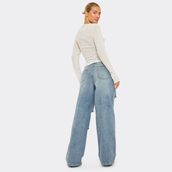 EGO Low Rise Paint Splat Distressed Wide Leg Jeans In Blue Denim, Women's Size UK 6 - 2