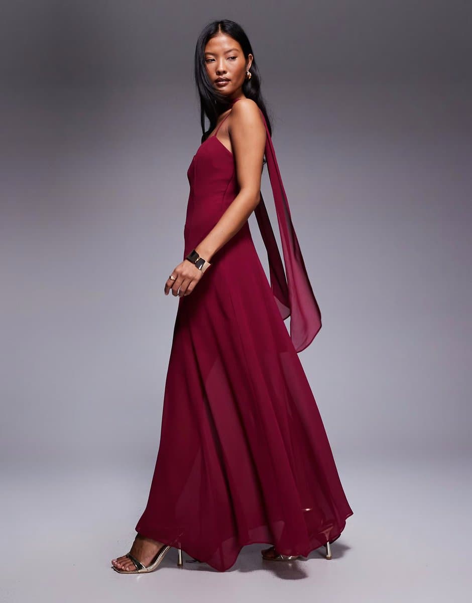 ASOS Forever New Petite Honey scarf neck cami strap hanky hem maxi dress in burgundy