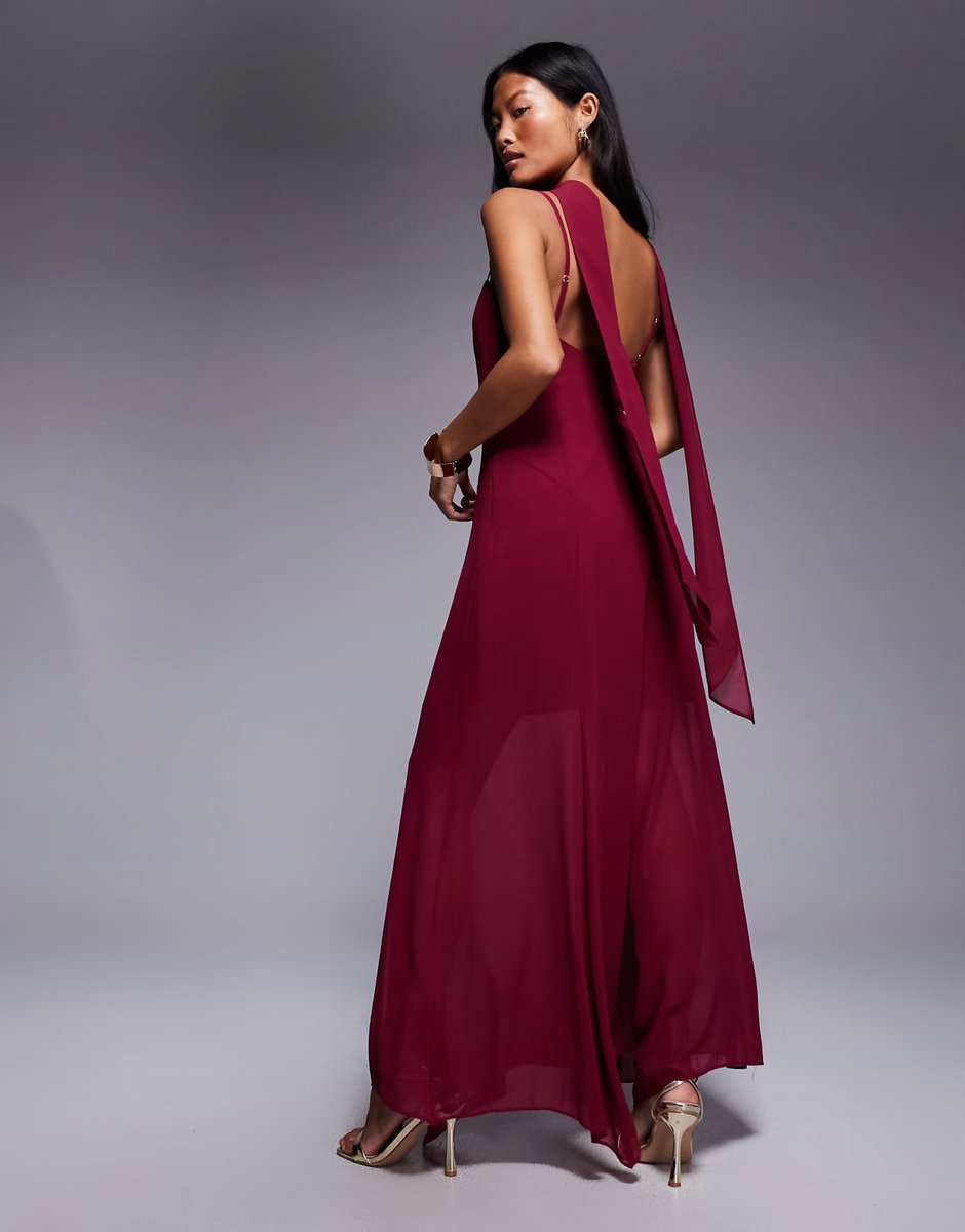 ASOS Forever New Petite Honey scarf neck cami strap hanky hem maxi dress in burgundy - 3