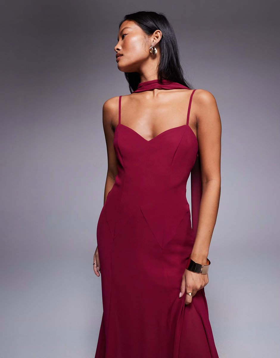 ASOS Forever New Petite Honey scarf neck cami strap hanky hem maxi dress in burgundy - 4