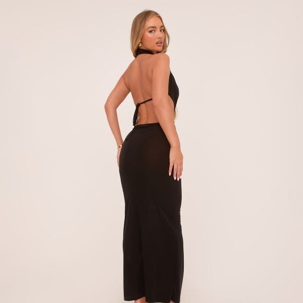 EGO Plunge Halterneck Knot Front Maxi Dress In Black Slinky, Women's Size UK 4 - 2
