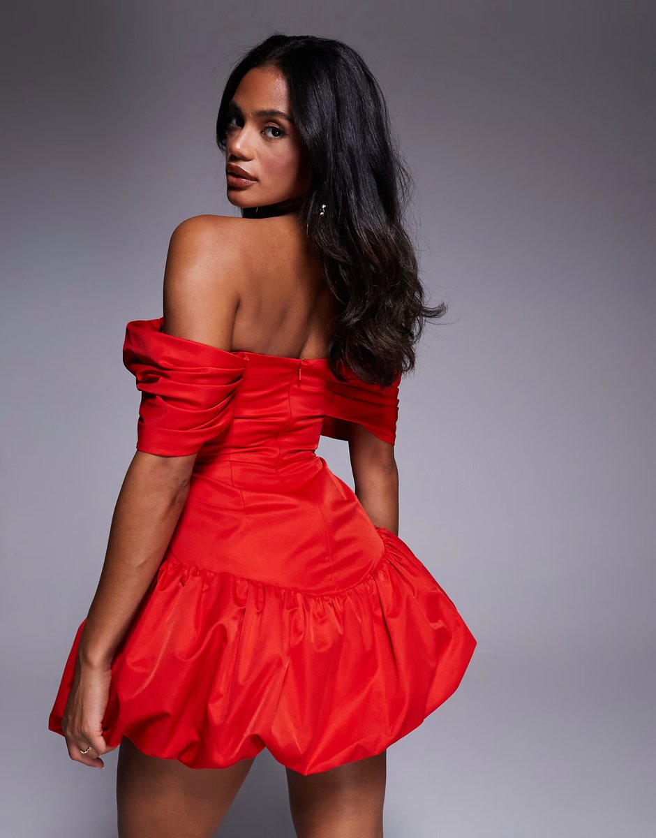 ASOS ASOS LUXE off shoulder corsage mini dress with volume hem in red - 4