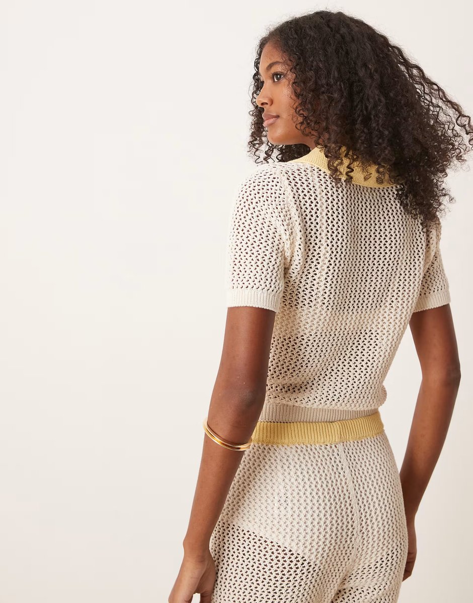 ASOS ASOS DESIGN co-ord knitted open stitch contrast trim polo top in cream and yellow - 3