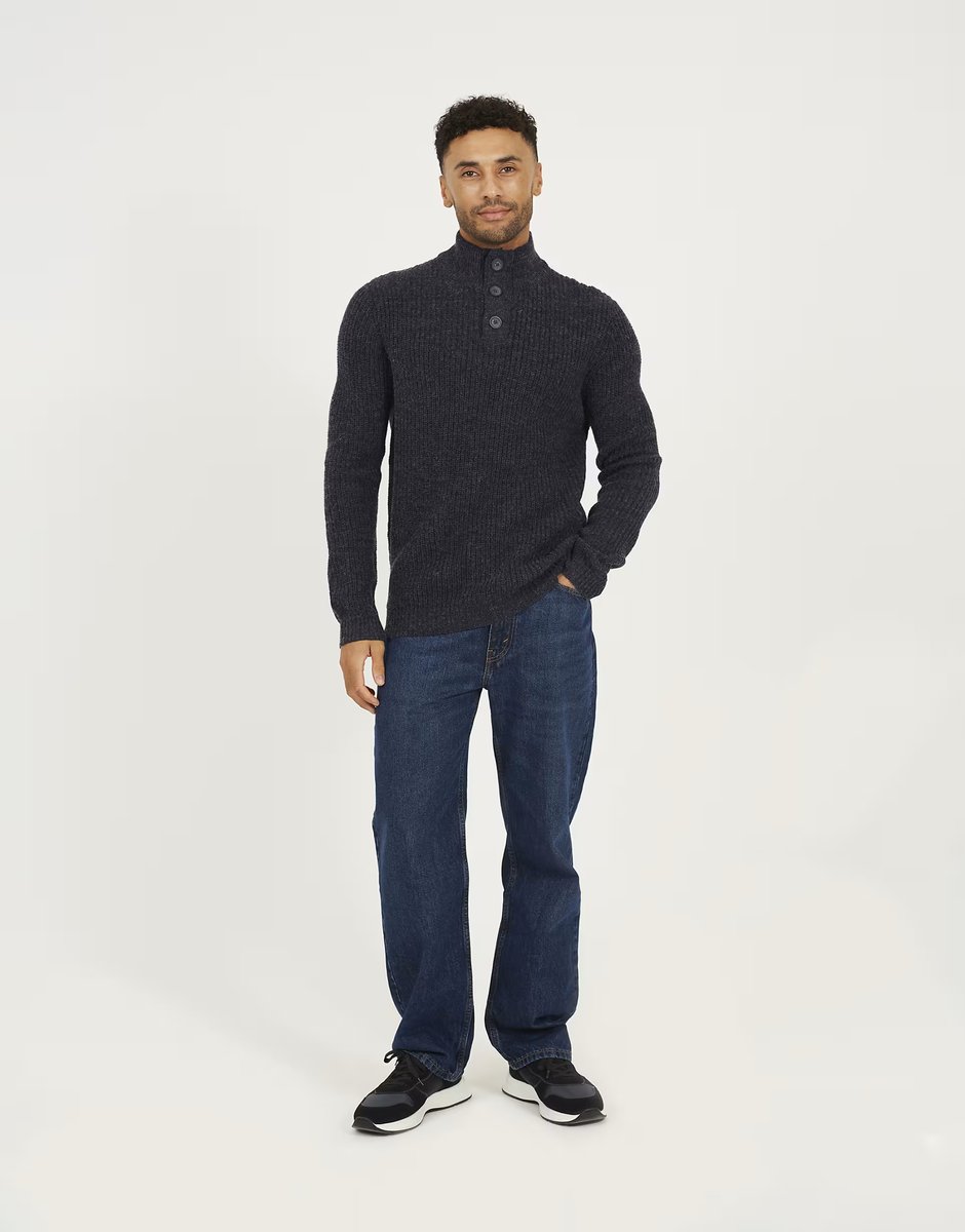 ASOS Brave Soul Funnel neck jumper with buttons in navy - 2