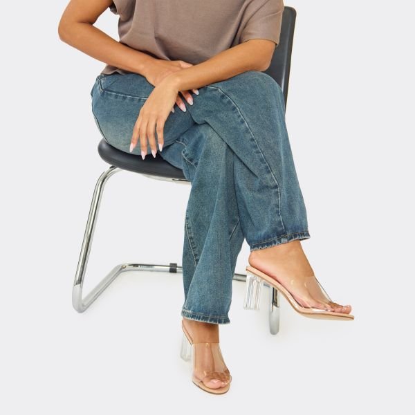 EGO Barca Clear Perspex Strap Peep Toe Block Heel Mule In Nude Faux Leather, Women's Size UK 3 - 1