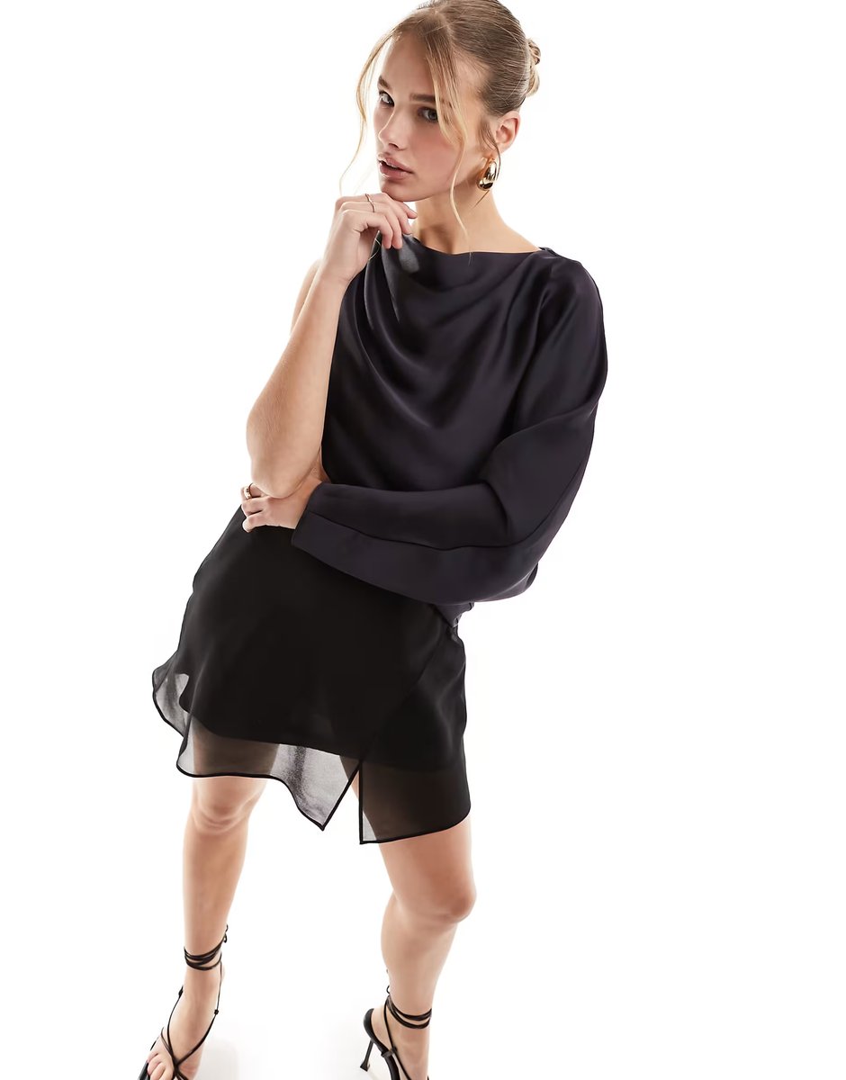 ASOS ASOS DESIGN satin draped one shoulder mini dress with chiffon bias skirt in black - 3