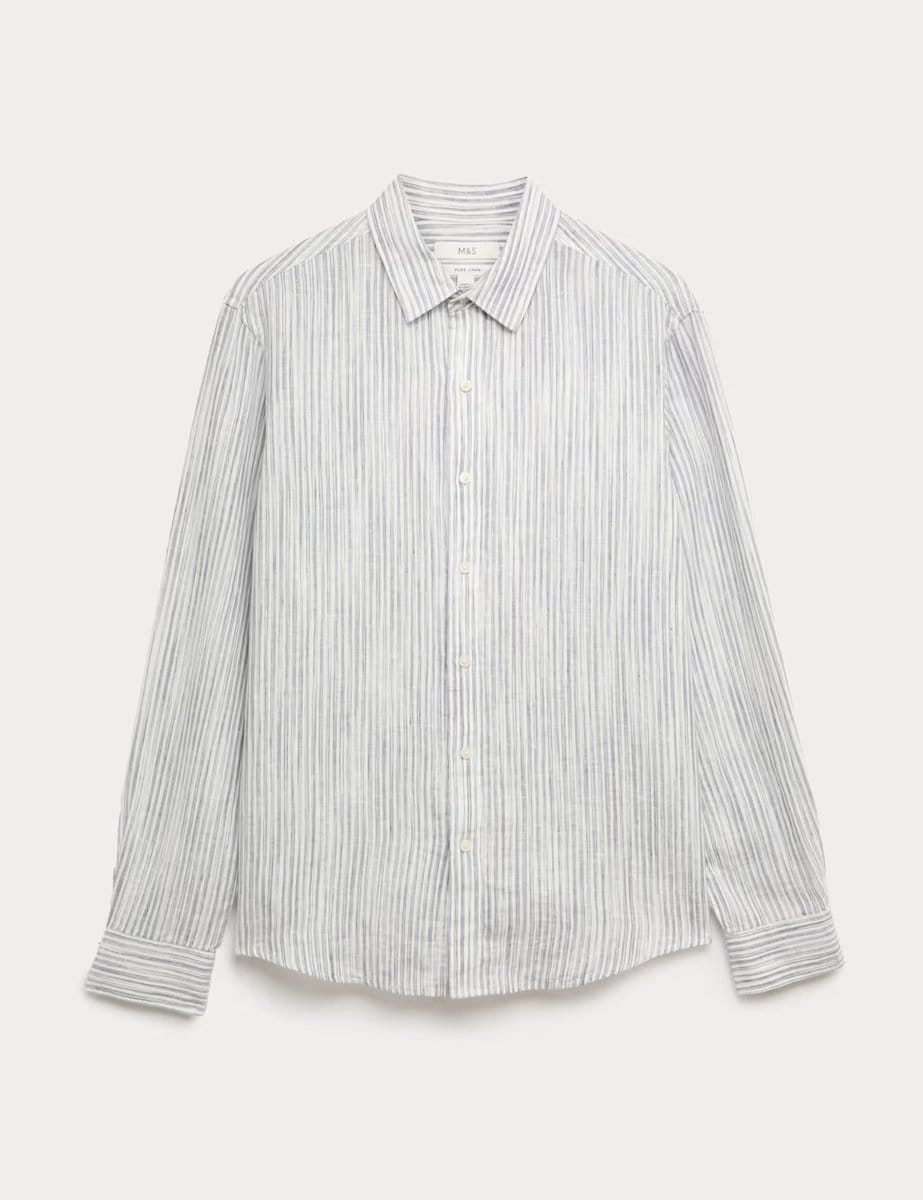 Marks & Spencer M&S Pure Linen Striped Shirt Pale Blue Mix - 1