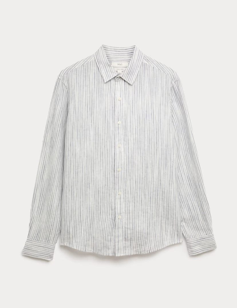 Marks & Spencer M&S Pure Linen Striped Shirt Pale Blue Mix - 1