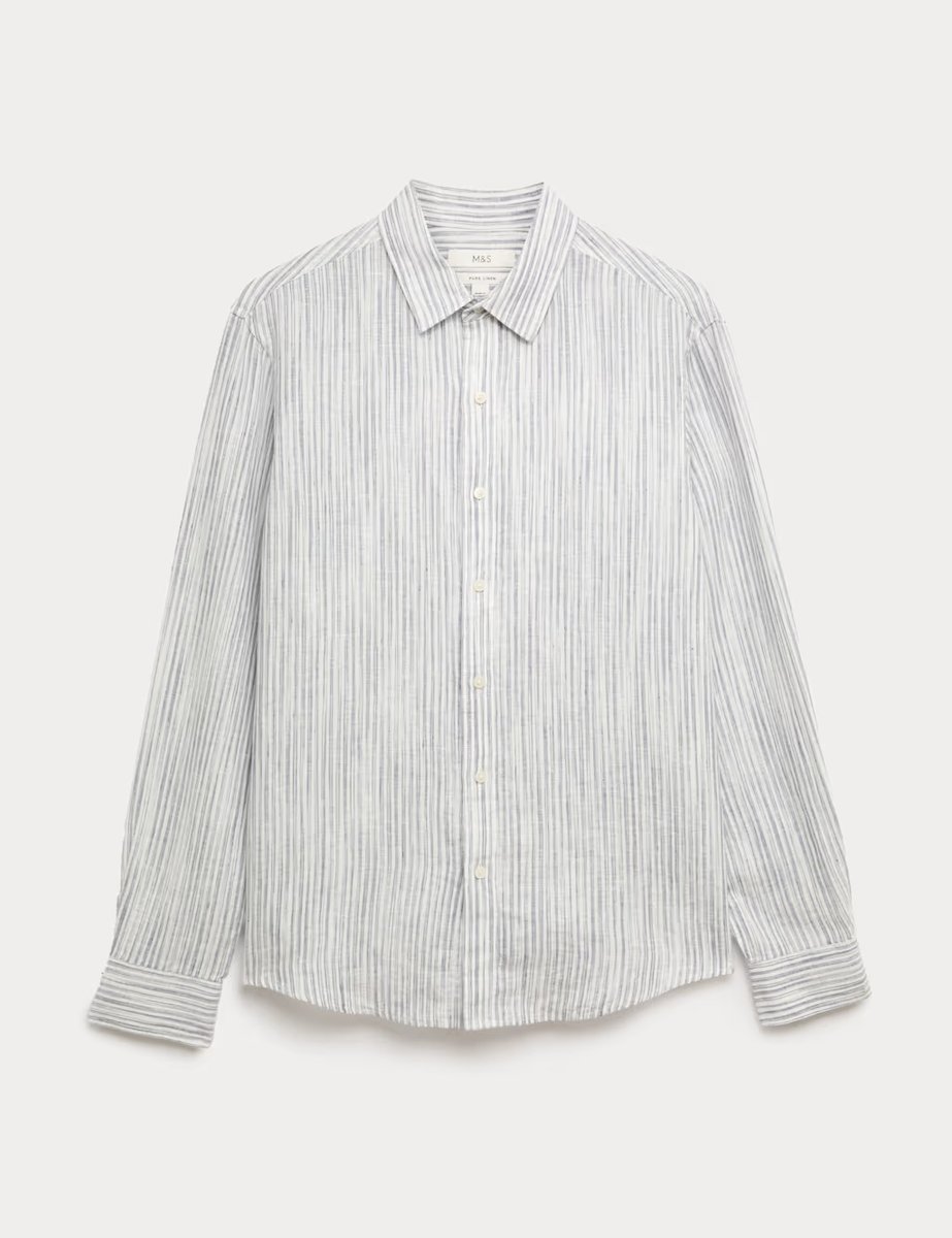 Marks & Spencer M&S Pure Linen Striped Shirt Pale Blue Mix - 2
