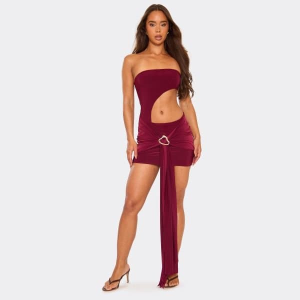 EGO Bandeau Side Cut Out Drape Detail Mini Dress In Burgundy Red, Women's Size UK 8