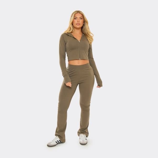 EGO EGO Low Rise Fitted Flared Trousers in Washed Khaki Green