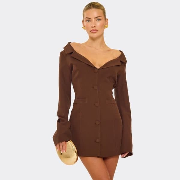 EGO Flared Sleeve Wide Neck Button Front Detail Mini Dress In Chocolate Brown, Women's Size UK 6