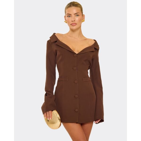 EGO Flared Sleeve Wide Neck Button Front Detail Mini Dress In Chocolate Brown, Women's Size UK 6 - 2