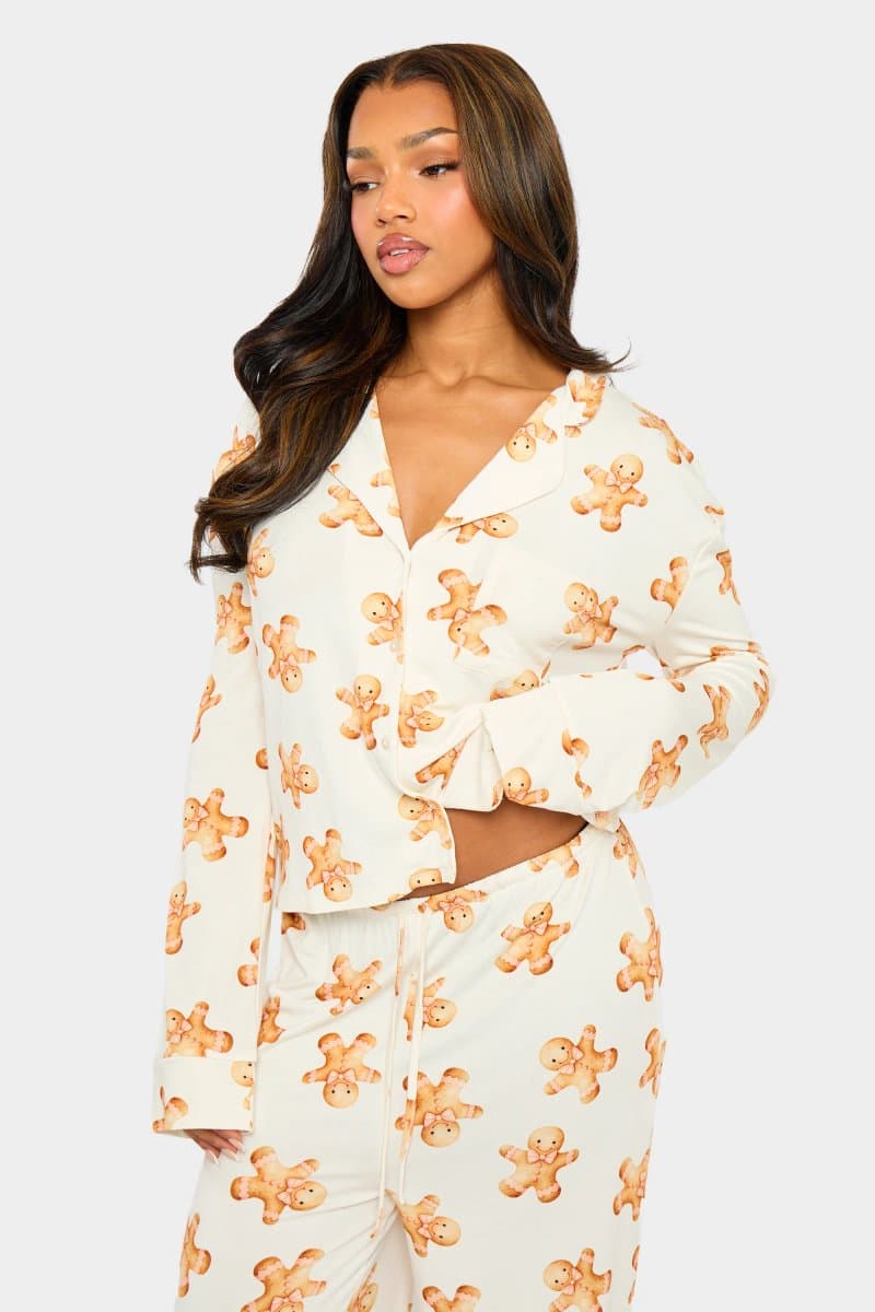 Kaiia Kaiia Supersoft Gingerbread Slouchy Button Up Pyjama Shirt Cream & Brown