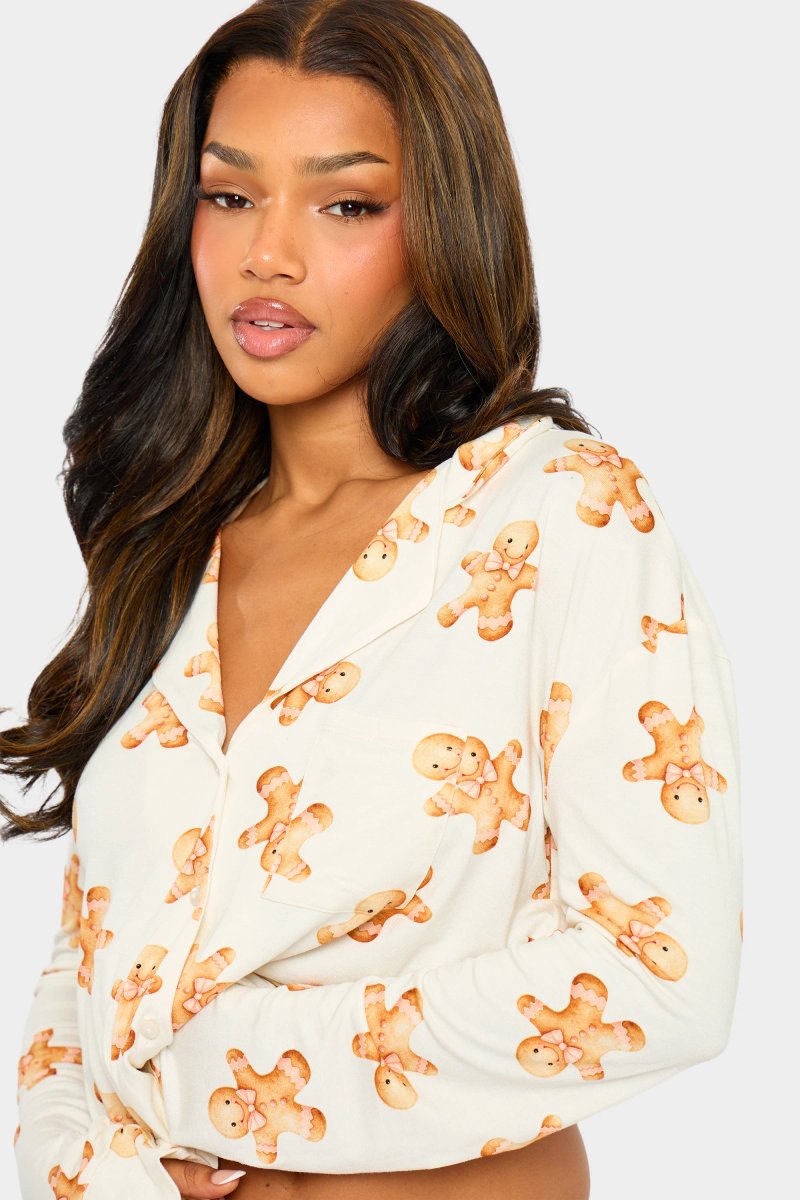 Kaiia Kaiia Supersoft Gingerbread Slouchy Button Up Pyjama Shirt Cream & Brown - 2