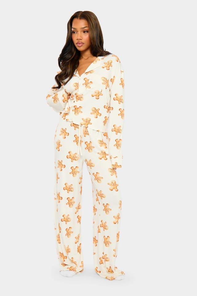 Kaiia Kaiia Supersoft Gingerbread Slouchy Button Up Pyjama Shirt Cream & Brown - 3