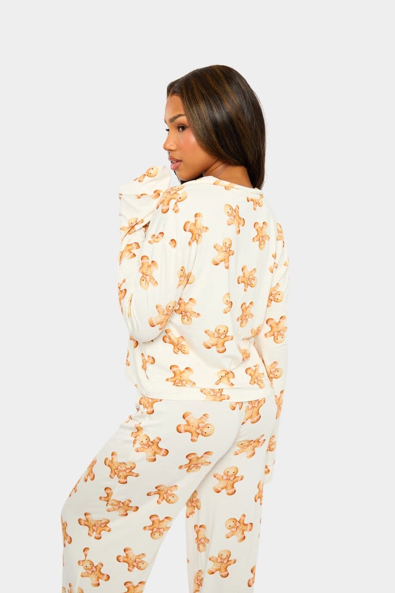 Kaiia Kaiia Supersoft Gingerbread Slouchy Button Up Pyjama Shirt Cream & Brown - 4