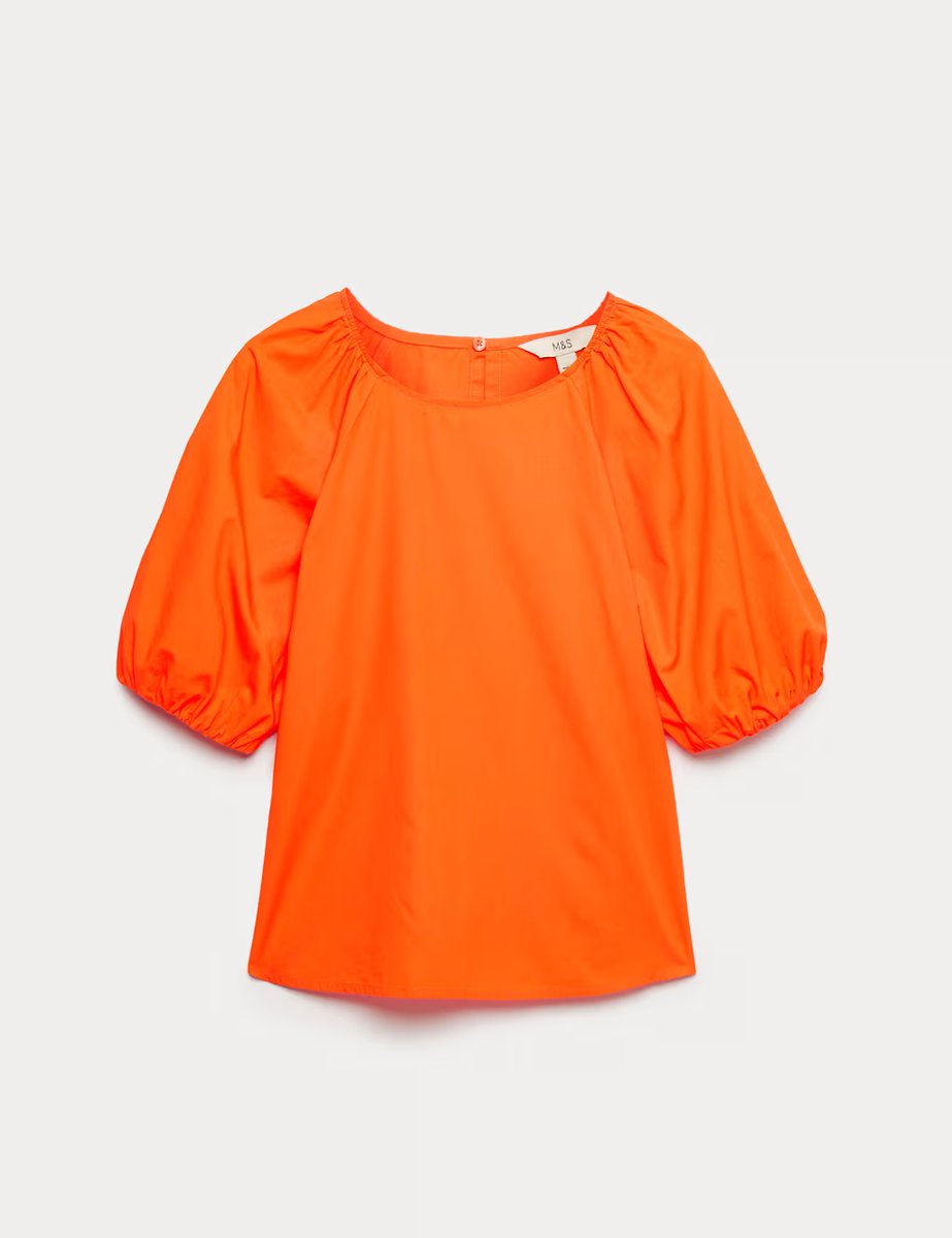 Marks & Spencer M&S Pure Cotton Printed Puff Sleeve Blouse Orange - 2