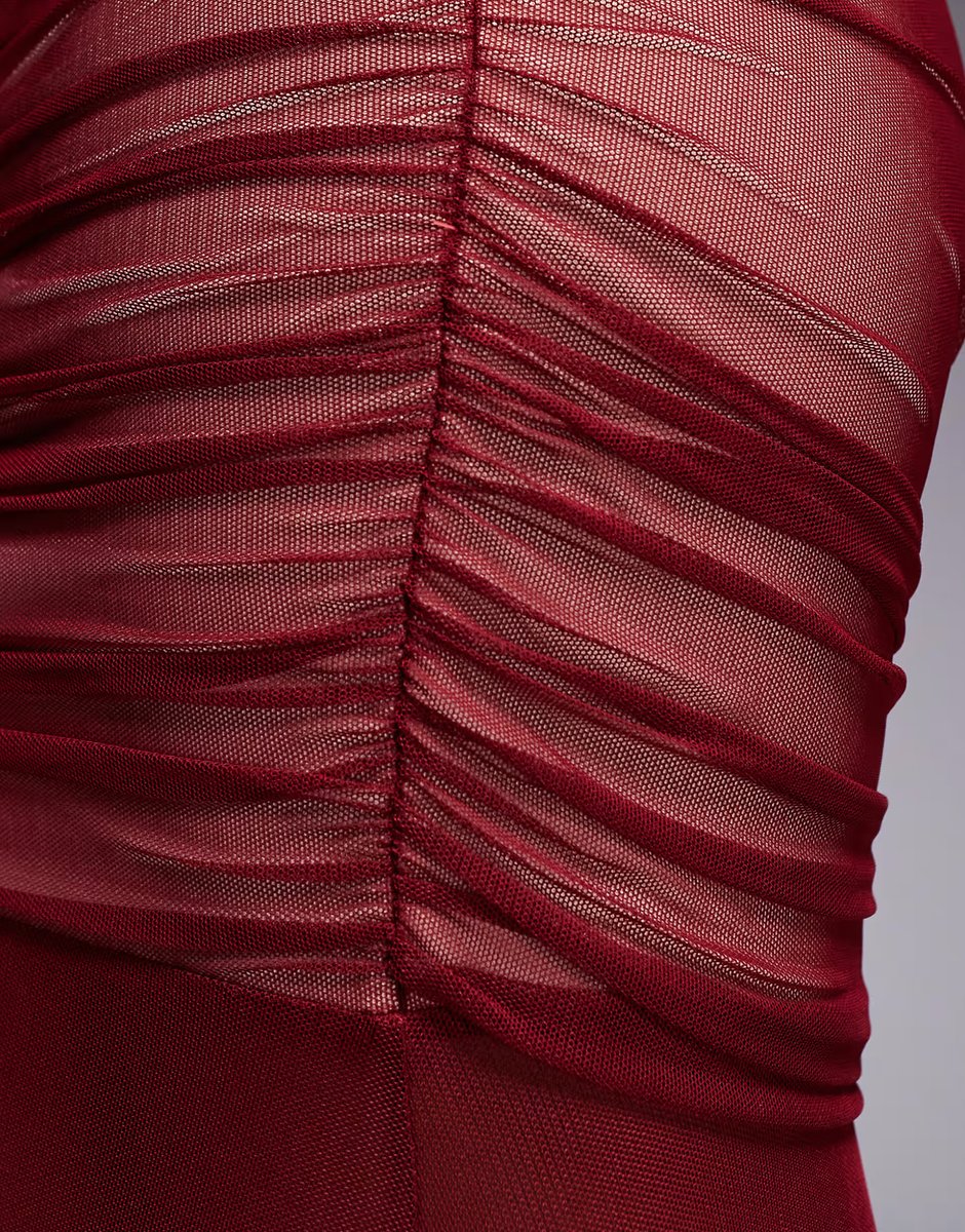 ASOS ASOS DESIGN co-ord mesh ruched maxi skirt with split detail in deep red - 2