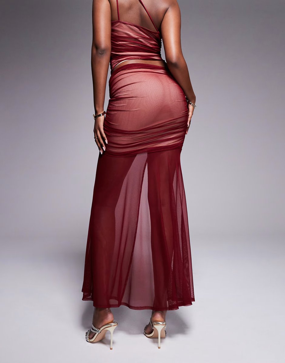 ASOS ASOS DESIGN co-ord mesh ruched maxi skirt with split detail in deep red - 3