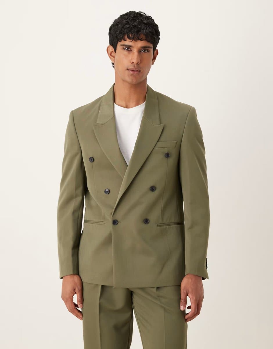 ASOS ASOS DESIGN regular double breasted suit jacket in olive twill