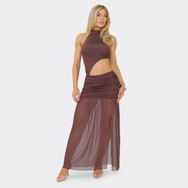EGO High Neck Cut Out Front Ruched Split Leg Maxi Dress In Chocolate Brown, Women's Size UK 6