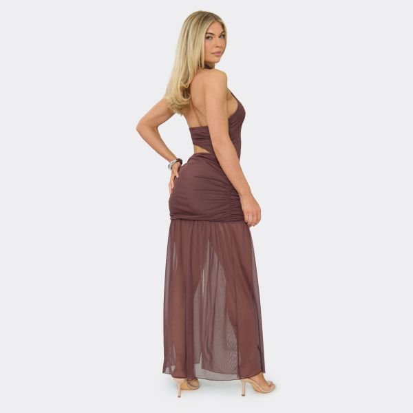 EGO High Neck Cut Out Front Ruched Split Leg Maxi Dress In Chocolate Brown, Women's Size UK 6 - 2