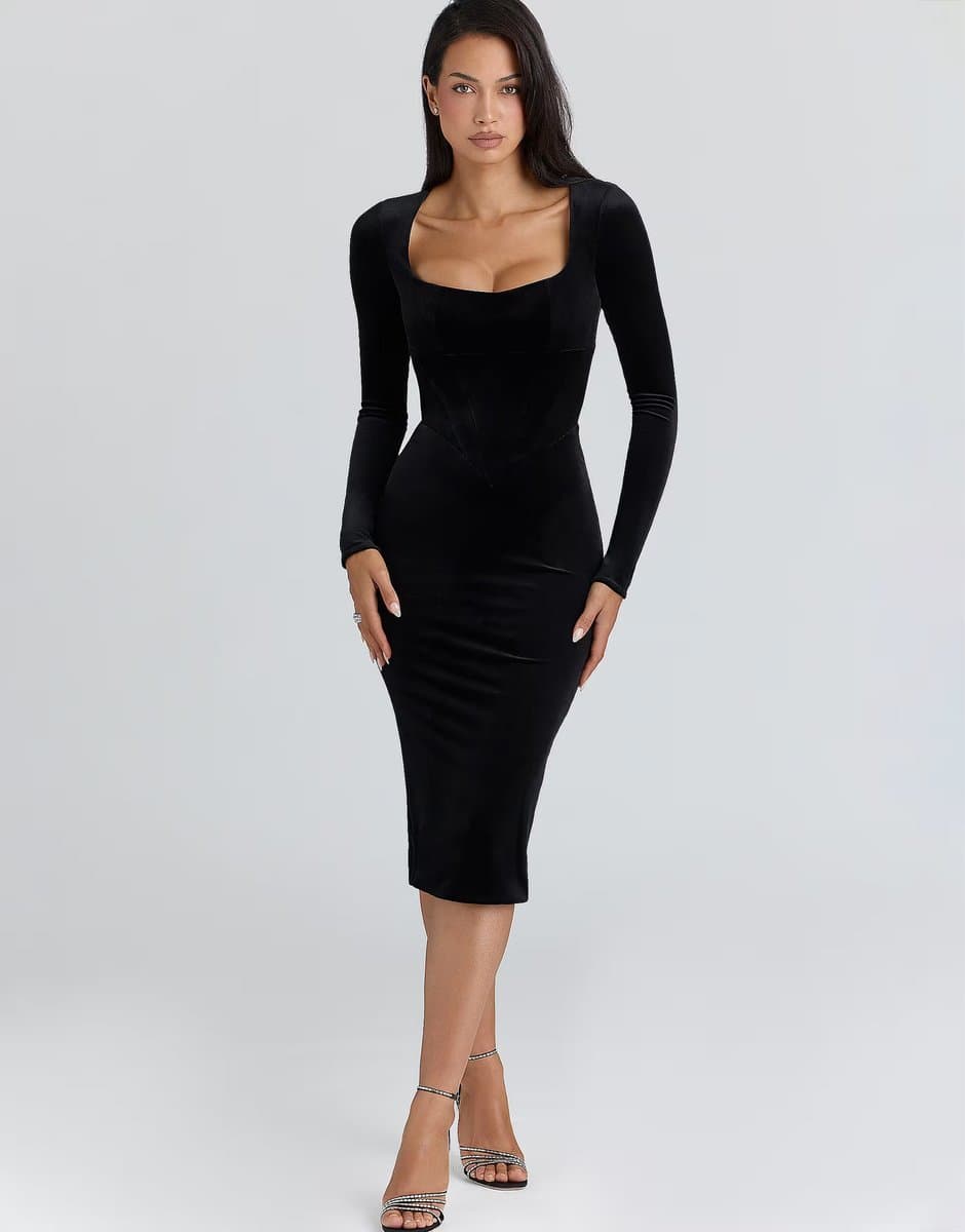 ASOS House of CB Asha velvet silhouette midi dress in black - BLACK