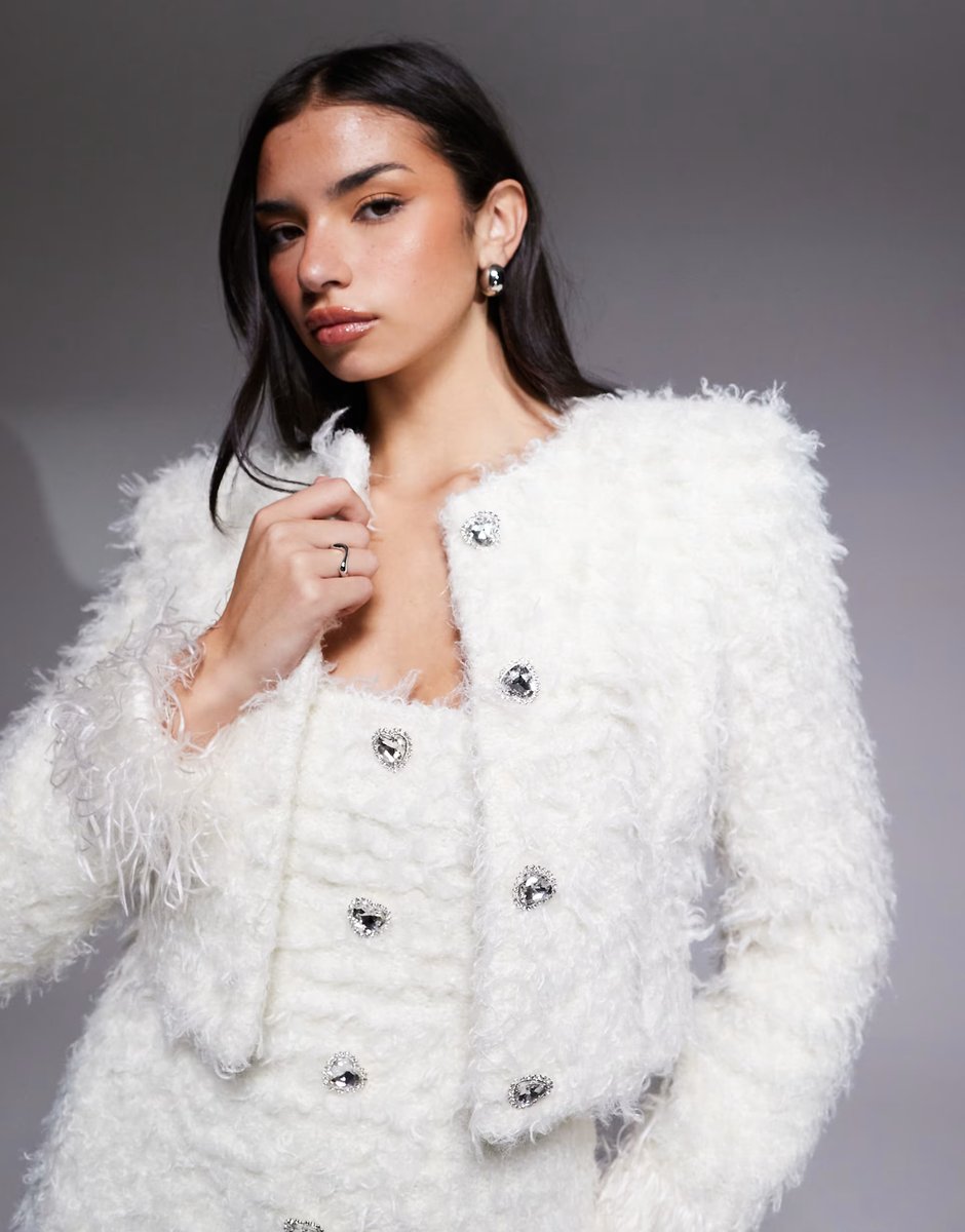 ASOS ASOS LUXE co-ord knitted jacket with embellished buttons in white - 4