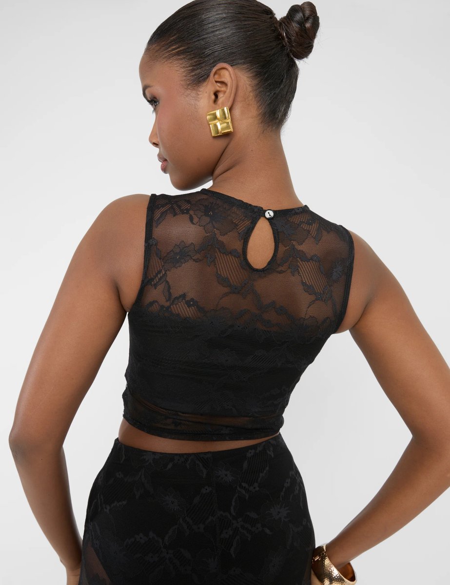 Public Desire Lace Round Neck Sleeveless Crop Top Black - 2