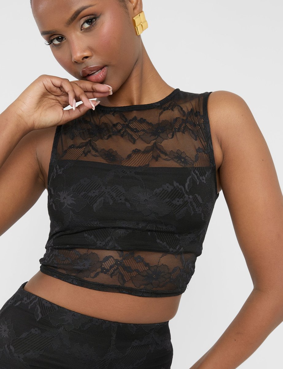 Public Desire Lace Round Neck Sleeveless Crop Top Black - 3