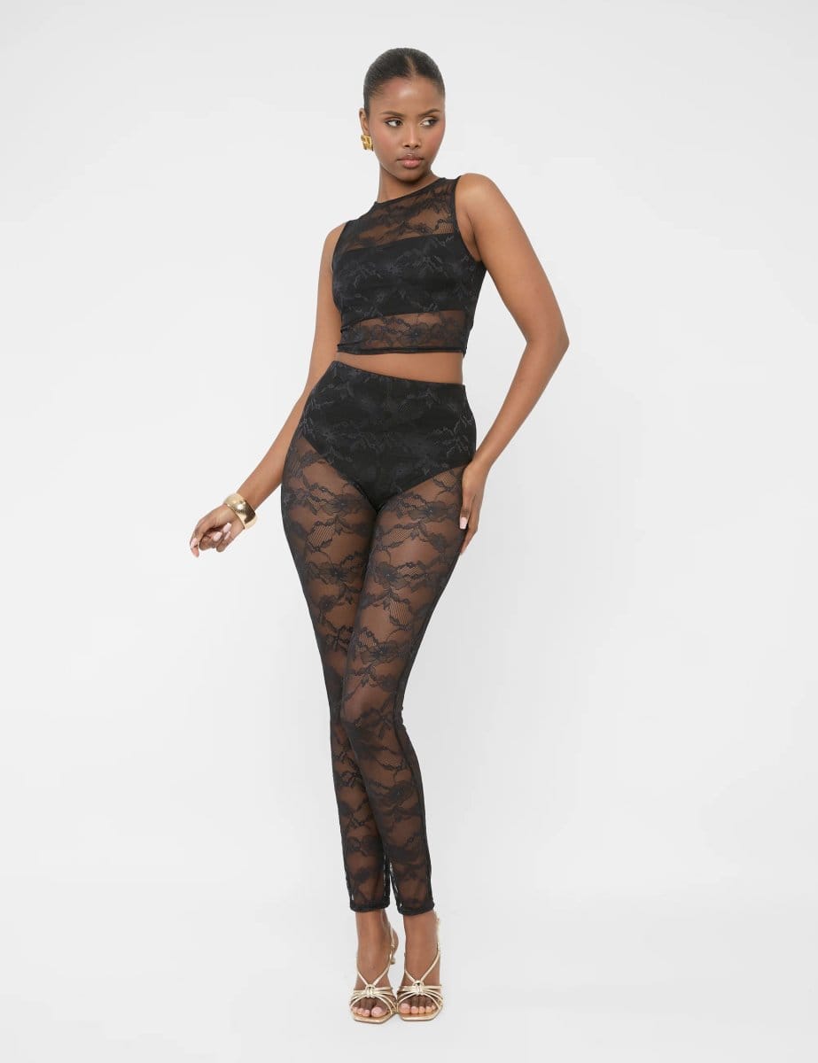Public Desire Lace Round Neck Sleeveless Crop Top Black - 4