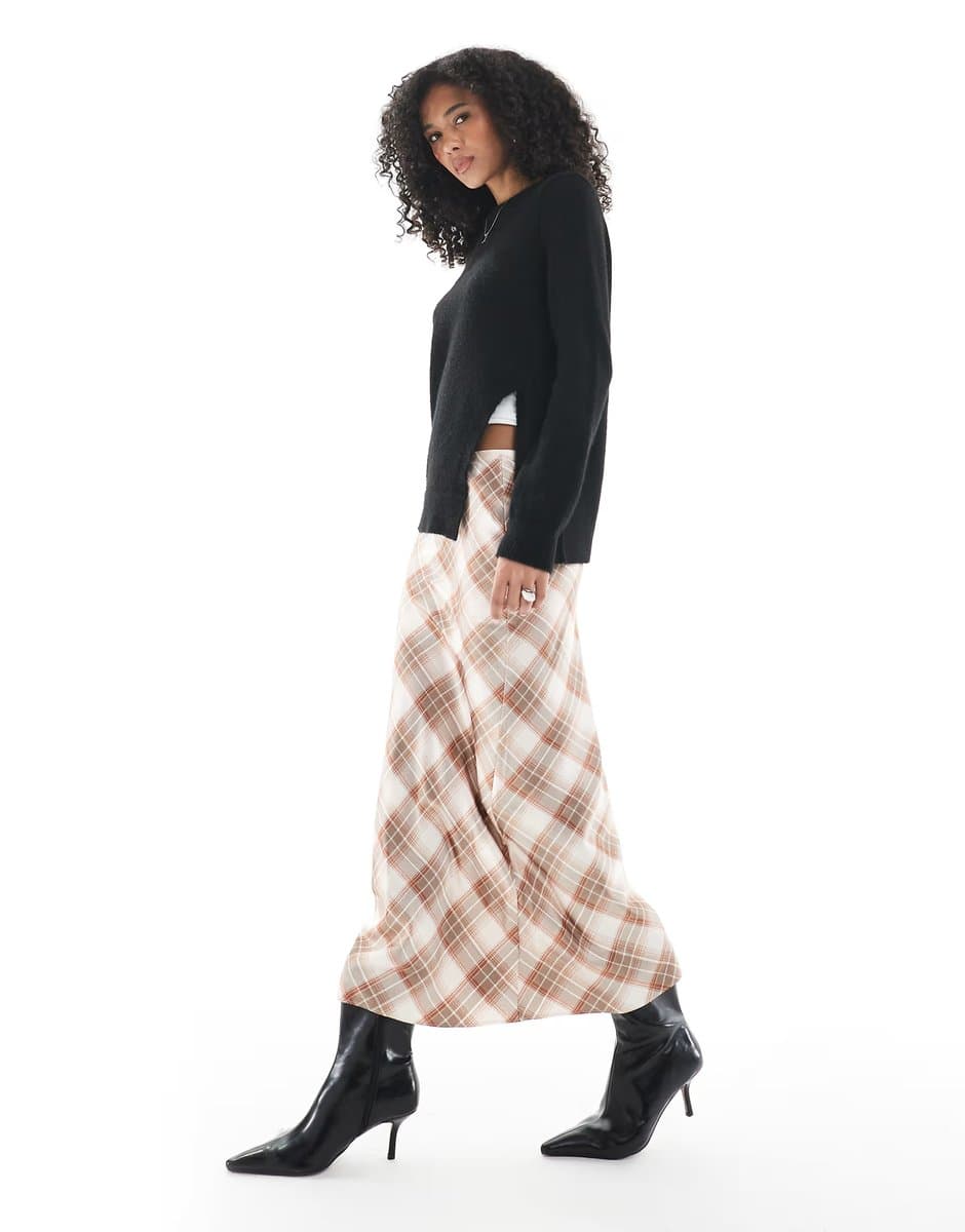 ASOS ASOS Check Satin Bias Midi Skirt in Pink