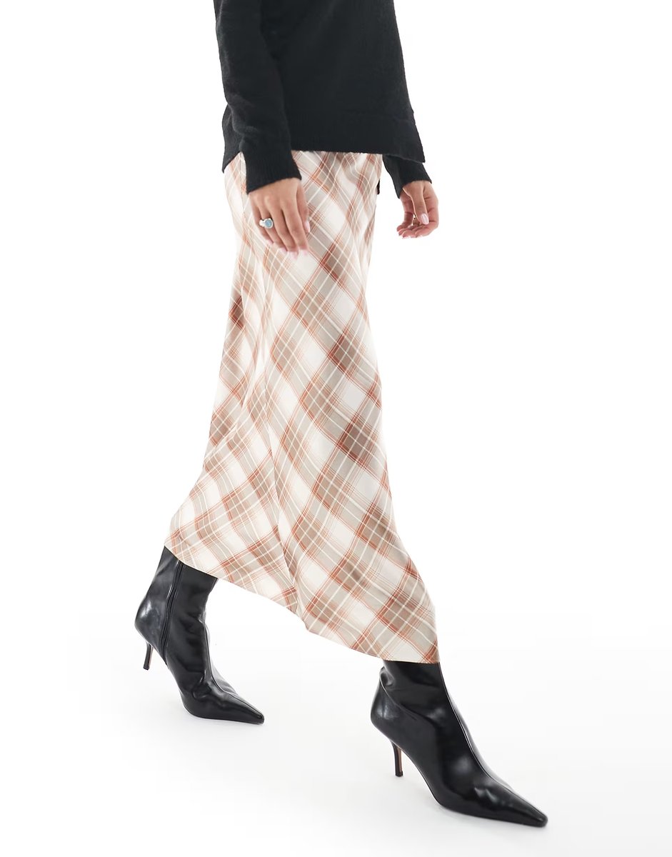 ASOS New Look check satin bias midi skirt in pink - 2