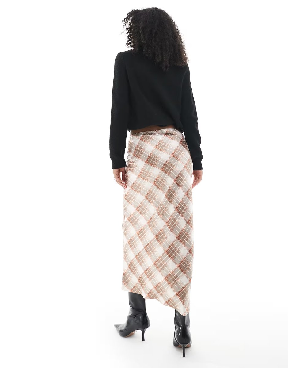 ASOS New Look check satin bias midi skirt in pink - 3