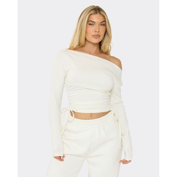 EGO Long Sleeve Asymmetric Cinched Waist Ruched Detail Top In Cream, Women's Size UK 6 - 2