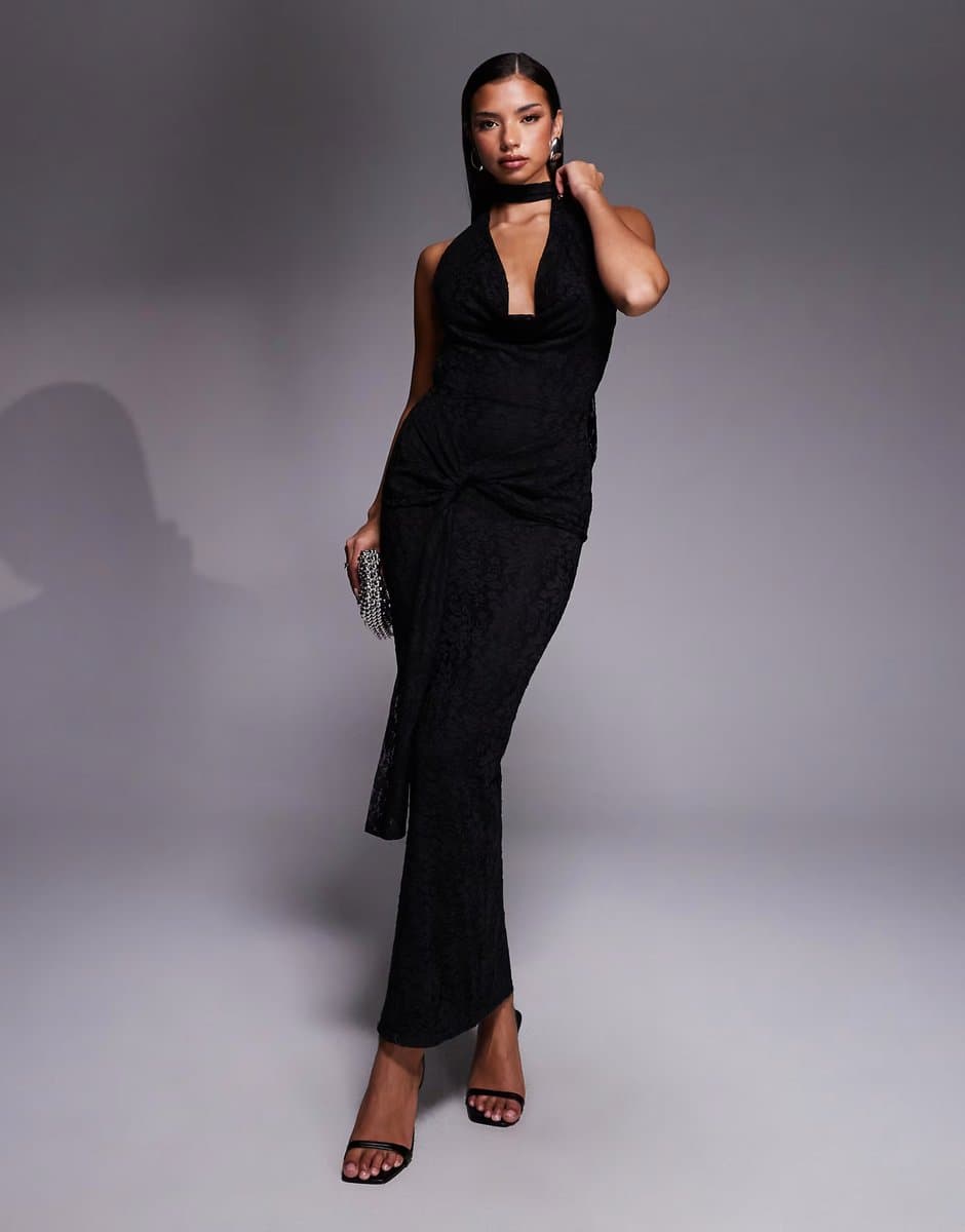 ASOS Kaiia exclusive lace deep cowl neck open tie back drape waist detail maxi dress in black