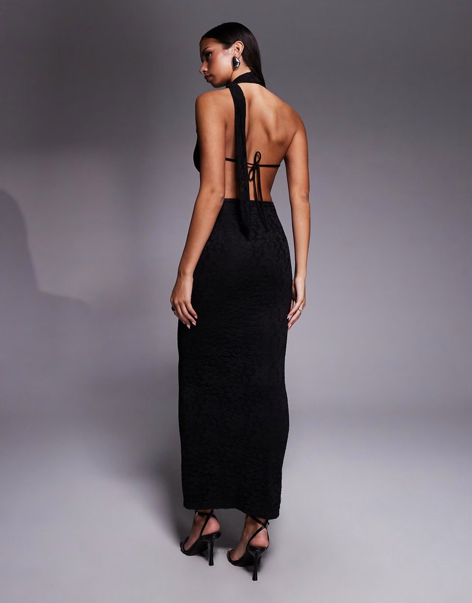 ASOS Kaiia exclusive lace deep cowl neck open tie back drape waist detail maxi dress in black - 3