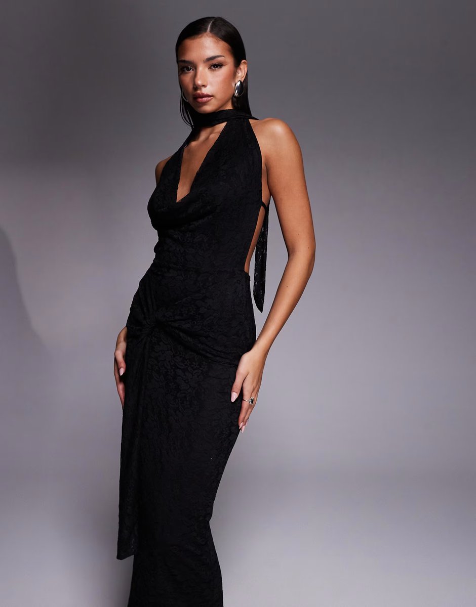 ASOS Kaiia exclusive lace deep cowl neck open tie back drape waist detail maxi dress in black - 4