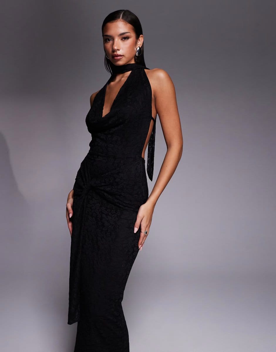 ASOS Kaiia exclusive lace deep cowl neck open tie back drape waist detail maxi dress in black - 4