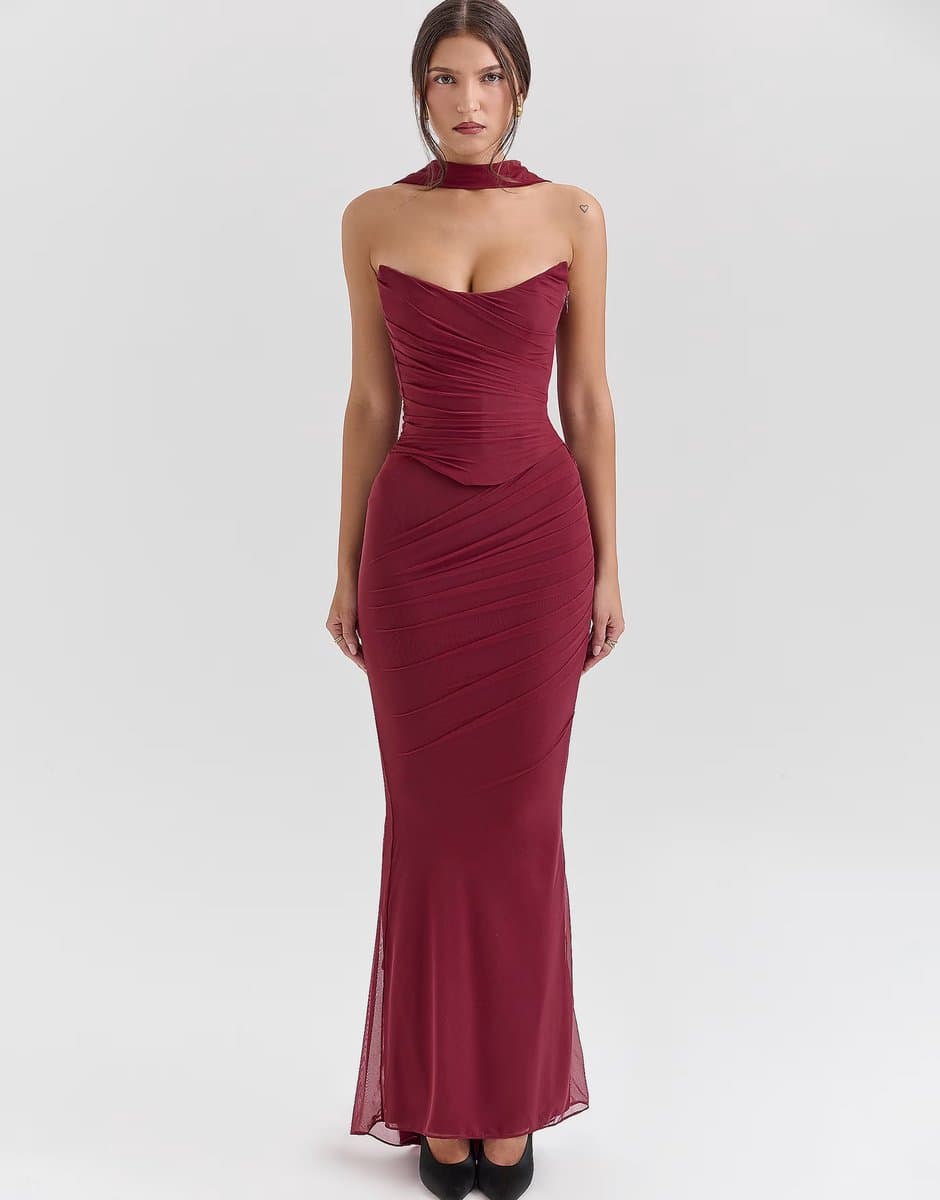 ASOS House of CB Cassidy fluted hem mesh maxi skirt in cabernet