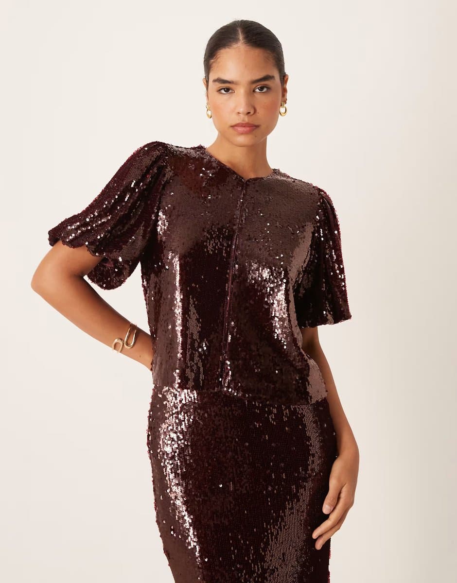 ASOS YAS premium sequin top co-ord in burgundy