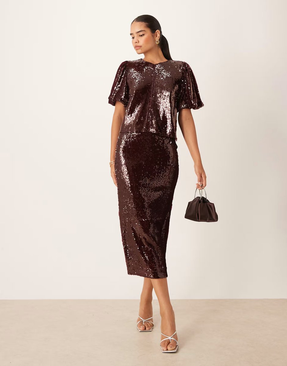 ASOS YAS premium sequin top co-ord in burgundy - 2