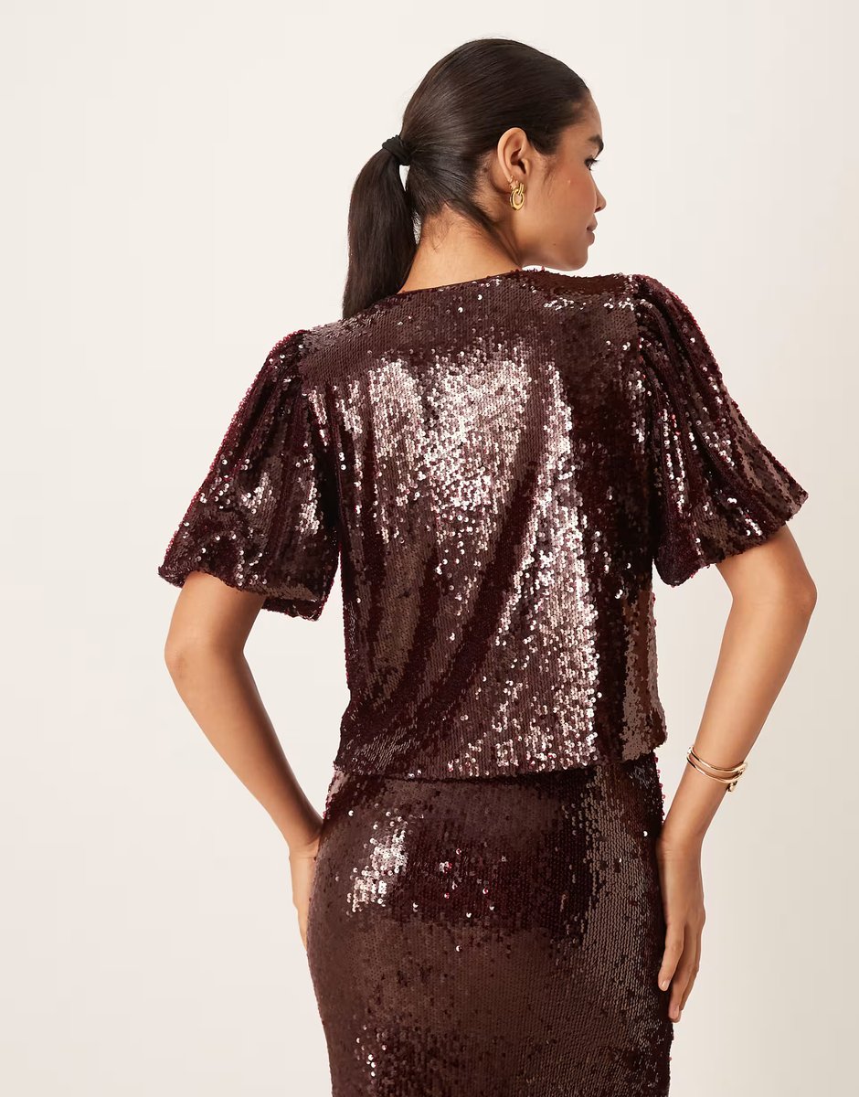 ASOS YAS premium sequin top co-ord in burgundy - 3