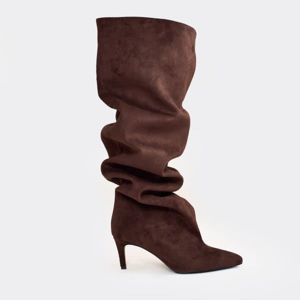 EGO Bride Pointed Toe Knee High Kitten Heel Boot In Brown Faux Suede, Women's Size UK 3