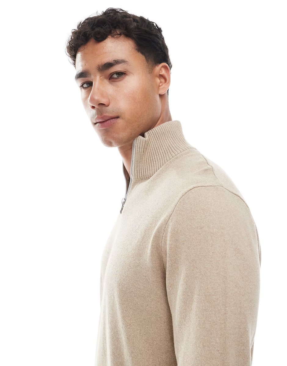 ASOS JJ Rebel quarter zip jumper in beige - 3