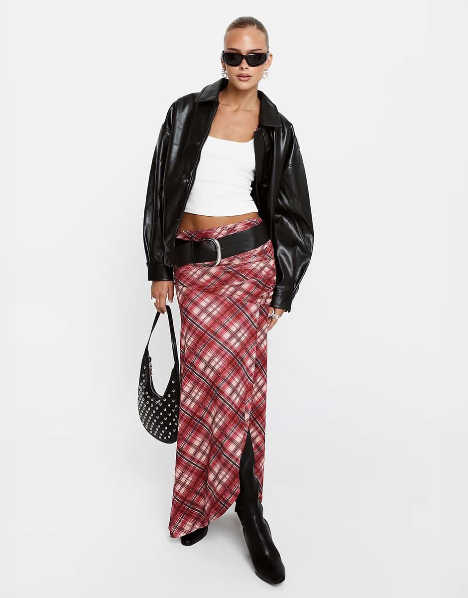 ASOS Princess Polly Cooperi ruched waist asymmetric front split maxi skirt in red check